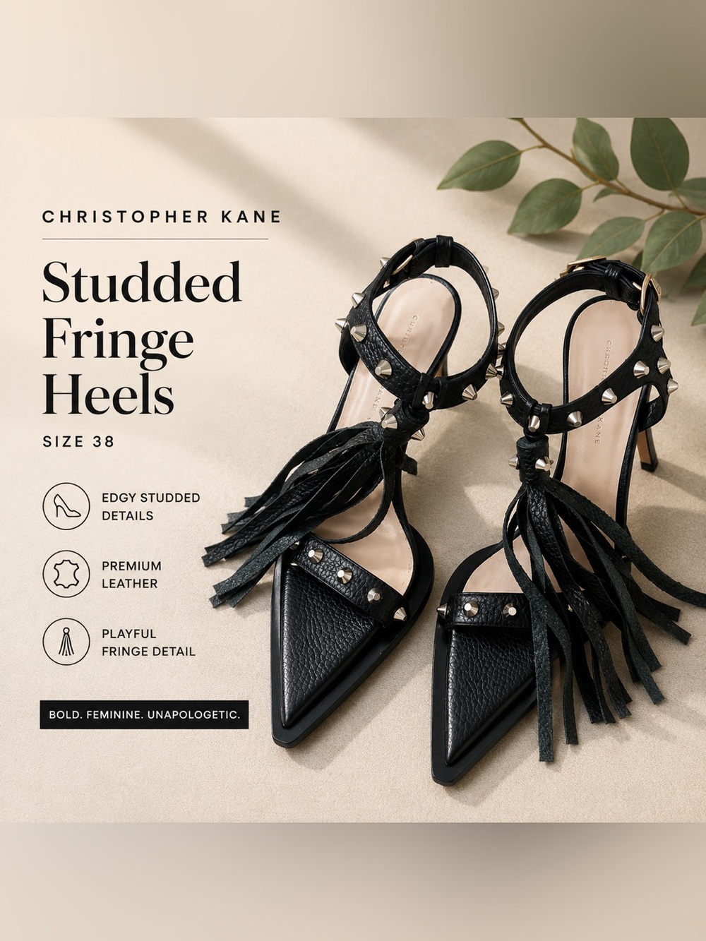 Christopher Kane Black Studded Fringe Pointed-Toe‎ Heels EU 38